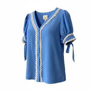 Umgee NWT Blue Wavy Lace Trim Boho Prarie Button Front Tie Sleeve Blouse size S